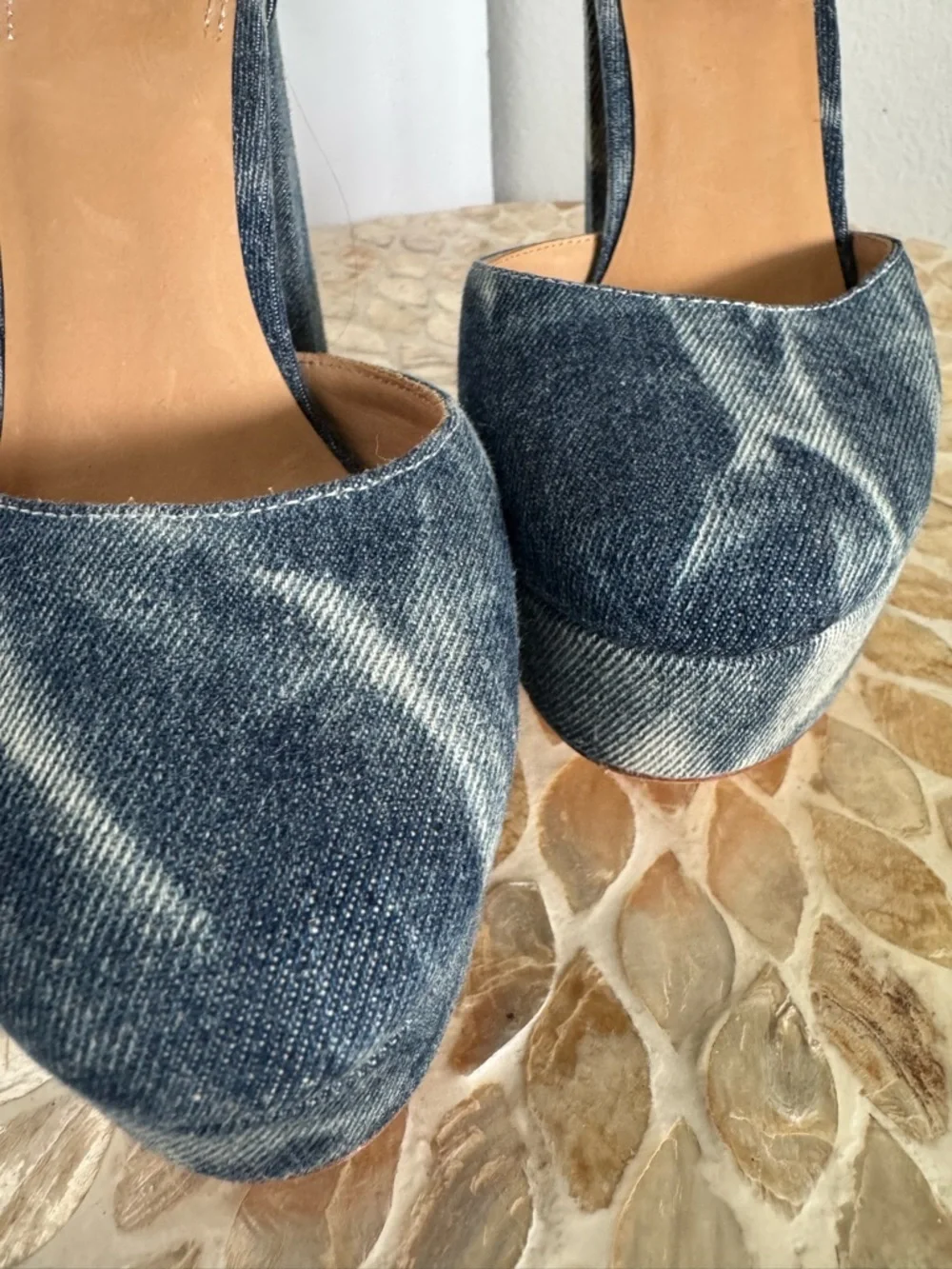 Bill Blass Blue Ellie Bleached Denim Tie-Dye Platform Ankle-Strap Heels